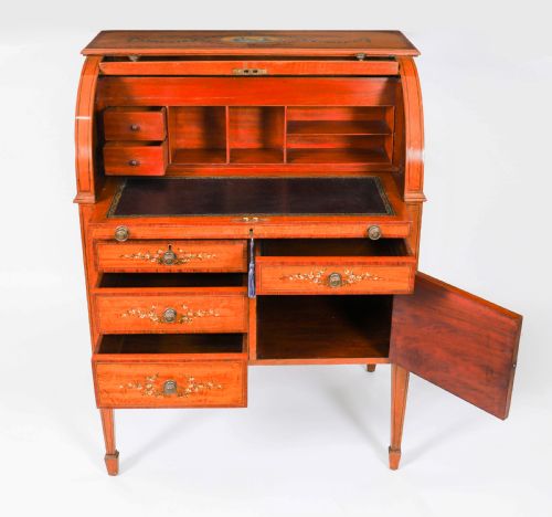 ANTIQUE ENGLISH LATE VICTORIAN SHERATON REVIVAL SATIN WOOD BUREAU C1890 - ADDITIONAL PHOTO 12