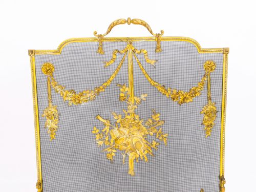 ANTIQUE FRENCH FLORAL AND MUSICAL TROPHY GILT BRONZE FIRE SCREEN 19TH CENTURY - ADDITIONAL PHOTO 1