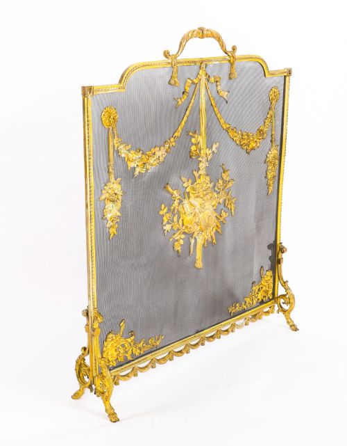 ANTIQUE FRENCH FLORAL AND MUSICAL TROPHY GILT BRONZE FIRE SCREEN 19TH CENTURY - ADDITIONAL PHOTO 3