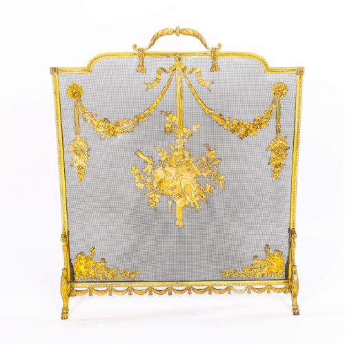 ANTIQUE FRENCH FLORAL AND MUSICAL TROPHY GILT BRONZE FIRE SCREEN 19TH CENTURY - ADDITIONAL PHOTO 4