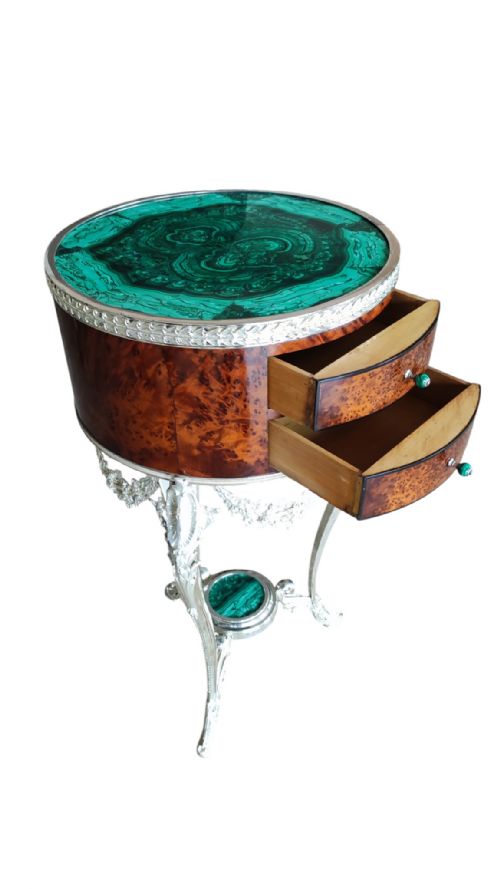 ANTIQUE PAIR FRENCH THUYA MALACHITE SILVERED BRONZE OCCASIONAL TABLES 20TH C - ADDITIONAL PHOTO 3