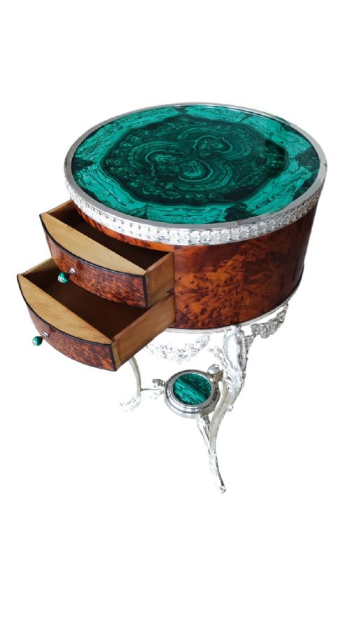 ANTIQUE PAIR FRENCH THUYA MALACHITE SILVERED BRONZE OCCASIONAL TABLES 20TH C - ADDITIONAL PHOTO 7