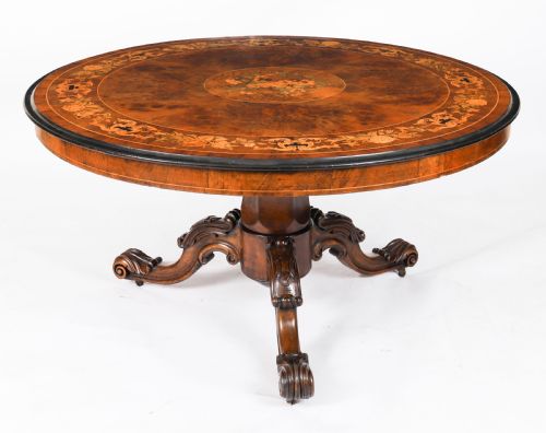 fig 1. Antique Victorian Burr Walnut & Floral Marquetry Loo Table Circa1860