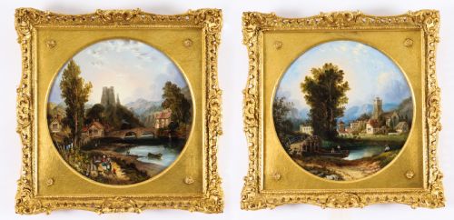 fig 1. A pair of nineteenth-century oil paintings on board depicting river scenes with figures and ruins, housed in square gilded frames with circular tondo apertures.