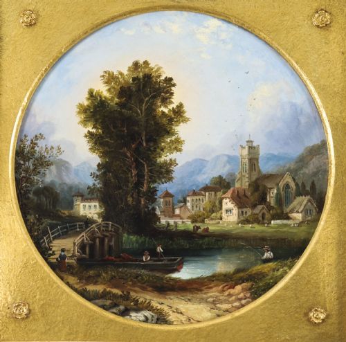 fig 3. A pair of nineteenth-century oil paintings on board depicting river scenes with figures and ruins, housed in square gilded frames with circular tondo apertures.