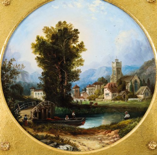 fig 4. A pair of nineteenth-century oil paintings on board depicting river scenes with figures and ruins, housed in square gilded frames with circular tondo apertures.