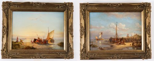fig 1. A pair of early 20th-century Dutch maritime oil paintings depicting fishing vessels and figures on a beach, framed in ornate giltwood frames.