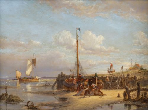 fig 2. A pair of early 20th-century Dutch maritime oil paintings depicting fishing vessels and figures on a beach, framed in ornate giltwood frames.
