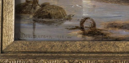 fig 4. A pair of early 20th-century Dutch maritime oil paintings depicting fishing vessels and figures on a beach, framed in ornate giltwood frames.