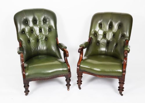 ANTIQUE PAIR VICTORIAN HIS HERS GREEN LEATHER ARMCHAIRS 19TH C