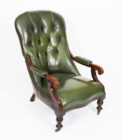 ANTIQUE PAIR VICTORIAN HIS HERS GREEN LEATHER ARMCHAIRS 19TH C - ADDITIONAL PHOTO 2