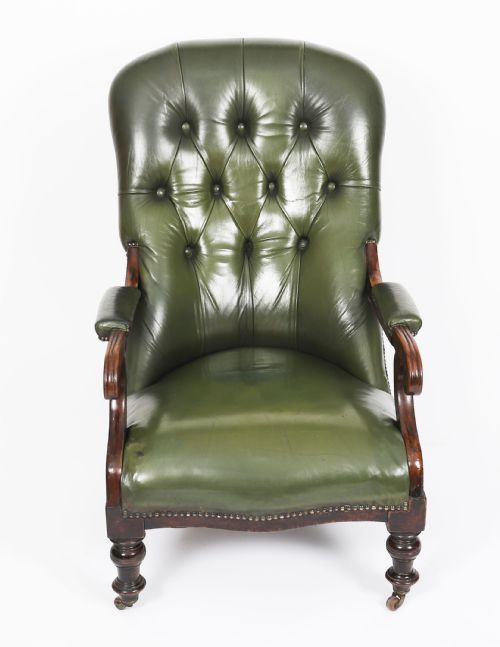 ANTIQUE PAIR VICTORIAN HIS HERS GREEN LEATHER ARMCHAIRS 19TH C - ADDITIONAL PHOTO 3