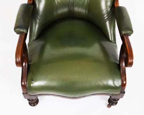 ANTIQUE PAIR VICTORIAN HIS HERS GREEN LEATHER ARMCHAIRS 19TH C - ADDITIONAL PHOTO 6