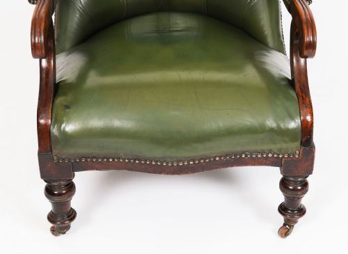 ANTIQUE PAIR VICTORIAN HIS HERS GREEN LEATHER ARMCHAIRS 19TH C - ADDITIONAL PHOTO 7