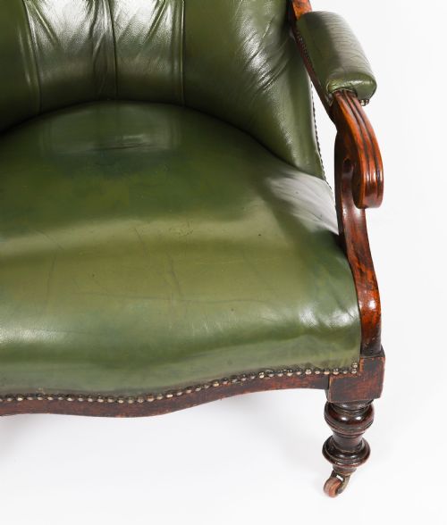 ANTIQUE PAIR VICTORIAN HIS HERS GREEN LEATHER ARMCHAIRS 19TH C - ADDITIONAL PHOTO 9