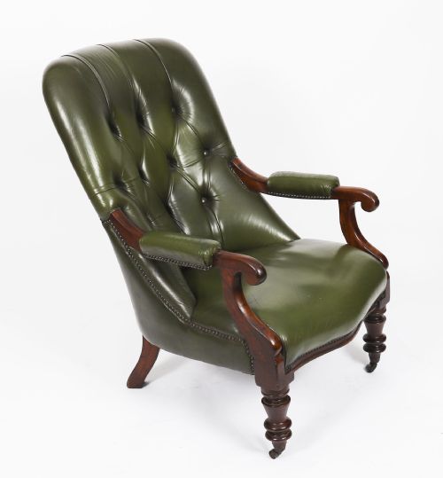 ANTIQUE PAIR VICTORIAN HIS HERS GREEN LEATHER ARMCHAIRS 19TH C - ADDITIONAL PHOTO 10