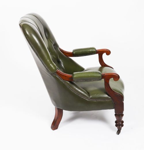 ANTIQUE PAIR VICTORIAN HIS HERS GREEN LEATHER ARMCHAIRS 19TH C - ADDITIONAL PHOTO 11