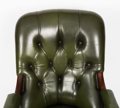 ANTIQUE PAIR VICTORIAN HIS HERS GREEN LEATHER ARMCHAIRS 19TH C - ADDITIONAL PHOTO 12