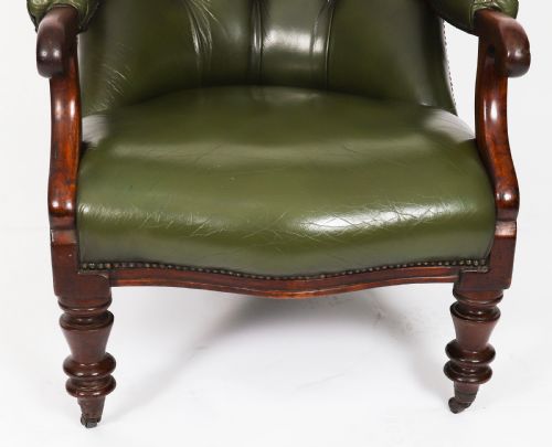 ANTIQUE PAIR VICTORIAN HIS HERS GREEN LEATHER ARMCHAIRS 19TH C - ADDITIONAL PHOTO 14