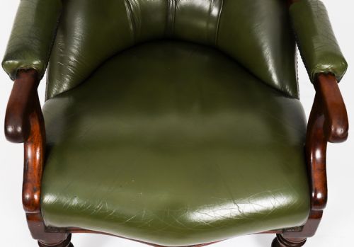 ANTIQUE PAIR VICTORIAN HIS HERS GREEN LEATHER ARMCHAIRS 19TH C - ADDITIONAL PHOTO 15