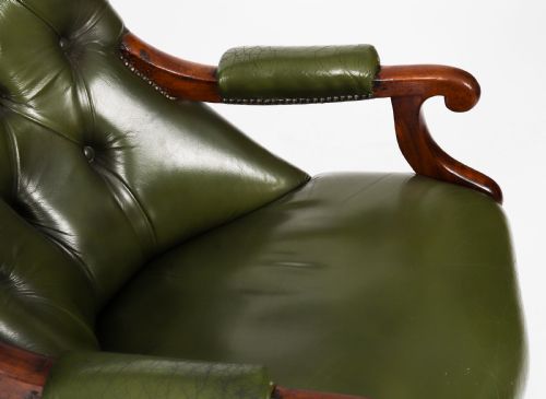 ANTIQUE PAIR VICTORIAN HIS HERS GREEN LEATHER ARMCHAIRS 19TH C - ADDITIONAL PHOTO 17
