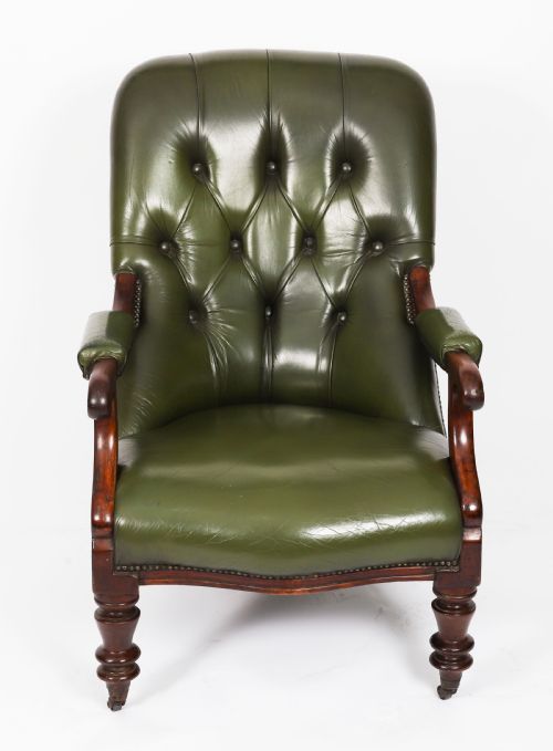 ANTIQUE PAIR VICTORIAN HIS HERS GREEN LEATHER ARMCHAIRS 19TH C - ADDITIONAL PHOTO 18