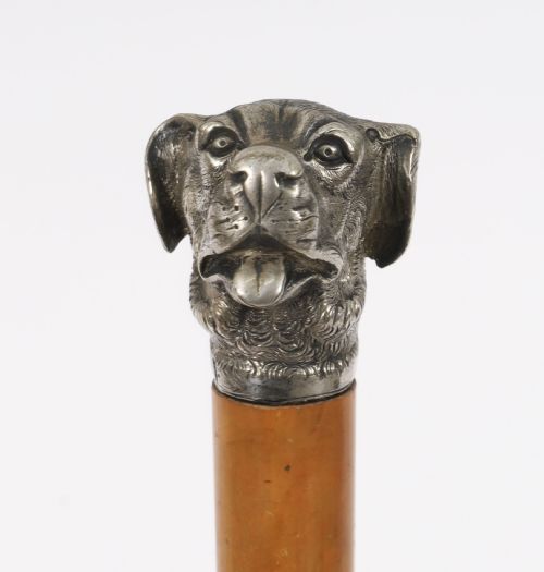 ANTIQUE DOGS HEAD SLIVER PLATED HANDLED WALKING STICK CANE 19THC 94CM 37 INCH