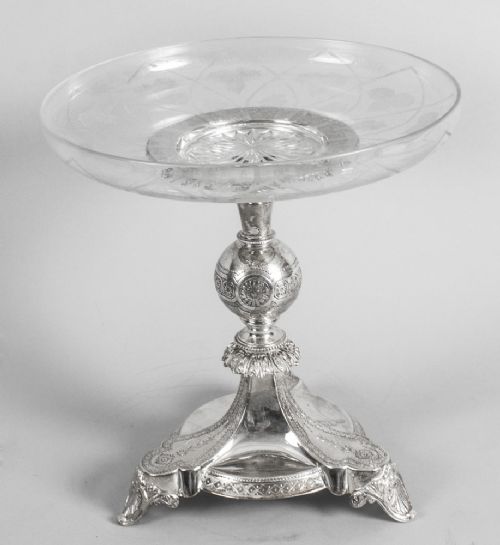 fig 1. Antique Silver Plated & Engraved Glass Comport Centerpiece 19th Century