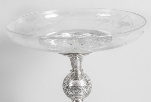 fig 2. Antique Silver Plated & Engraved Glass Comport Centerpiece 19th Century
