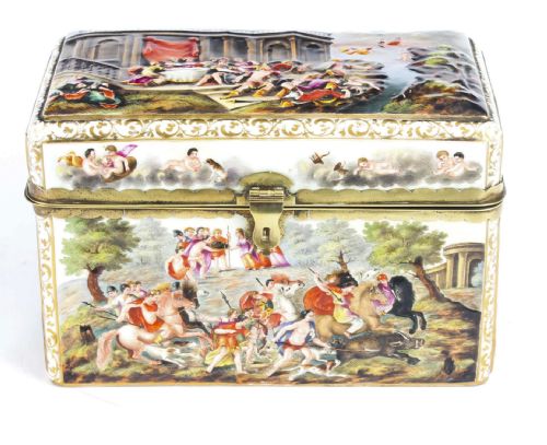 fig 1. A rectangular 19th-century Capodimonte porcelain casket featuring relief-moulded classical figures, gilt brass mounts, and a hinged lid.