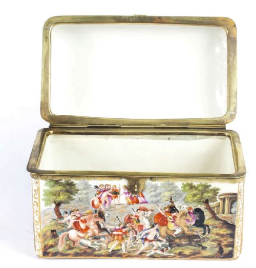fig 2. A rectangular 19th-century Capodimonte porcelain casket featuring relief-moulded classical figures, gilt brass mounts, and a hinged lid.