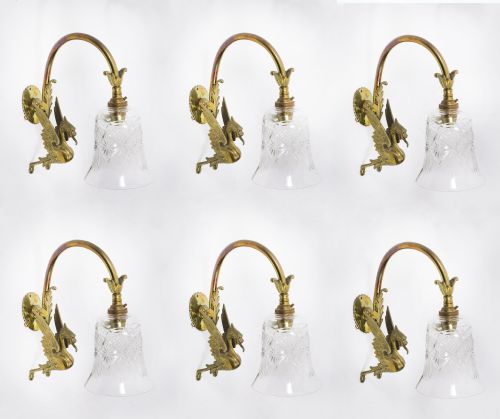 ANTIQUE SET OF 6 NEOCLASSICAL ORMOLU GLASS GRIFFIN WALL LIGHTS CIRCA 1900