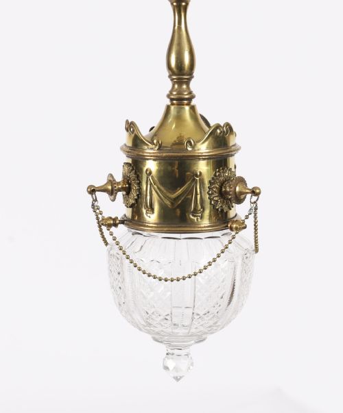 ANTIQUE EDWARDIAN BRASS CUT CRYSTAL CEILING LIGHT CIRCA 1900