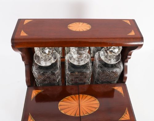 ANTIQUE SATIN WOOD INLAID THREE CUT CRYSTAL DECANTER TANTALUS GAMES 19TH C - ADDITIONAL PHOTO 4