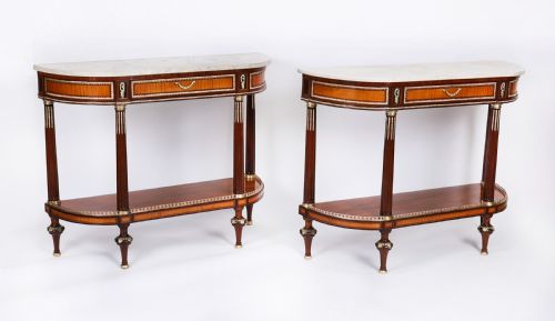 ANTIQUE PAIR FRENCH ORMOLU MOUNTED CARRARA MARBLE TOPPED CONSOLE TABLES 19TH C