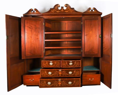 fig 1. Antique Edwardian Breakfront Mahogany & Floral Marquetry Inlaid Wardrobe C1910