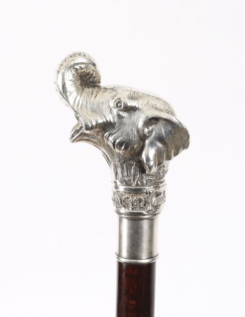 fig 1. Antique Sterling Silver Elephant Walking Cane Stick 19th C 94cm/37inches