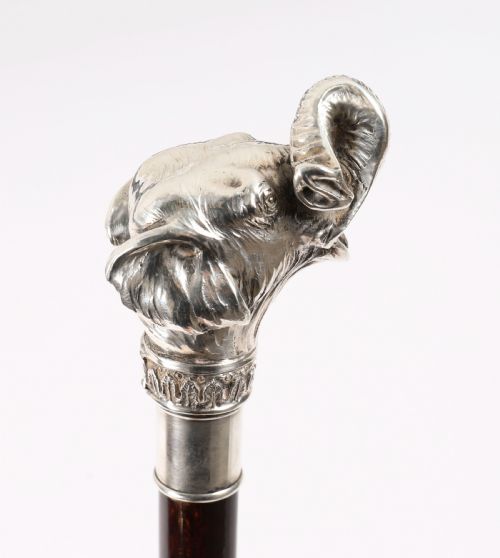 fig 2. Antique Sterling Silver Elephant Walking Cane Stick 19th C 94cm/37inches
