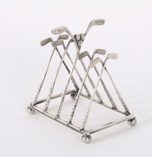 ANTIQUE STERLING SILVER LETTER TOAST RACK CROSSED GOLF CLUBS BIRMINGHAM 1908 - ADDITIONAL PHOTO 1
