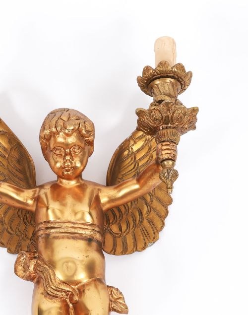 ANTIQUE PAIR ITALIAN TWO BRANCH CHERUB ORMOLU WALL LIGHTS C1880 19TH C - ADDITIONAL PHOTO 4