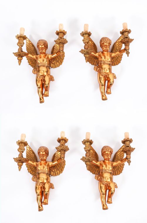 ANTIQUE SET FOUR ITALIAN TWO BRANCH CHERUB ORMOLU WALL LIGHTS C1880 19TH C