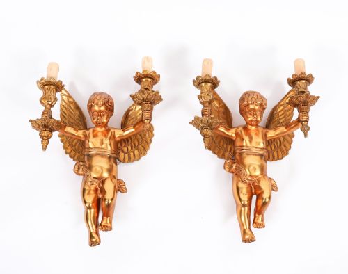 ANTIQUE SET FOUR ITALIAN TWO BRANCH CHERUB ORMOLU WALL LIGHTS C1880 19TH C - ADDITIONAL PHOTO 1