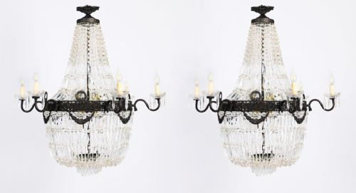 ANTIQUE PAIR LOUIS REVIVAL 14 LIGHT BALLROOM CUT CRYSTAL TENT CHANDELIERS C1920