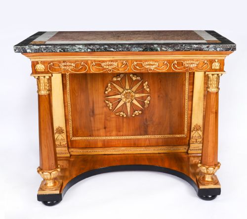 ANTIQUE FRENCH EMPIRE PERIOD WALNUT MARBLE TOP PARCEL GILT CONSOLE TABLE C1810 - ADDITIONAL PHOTO 1