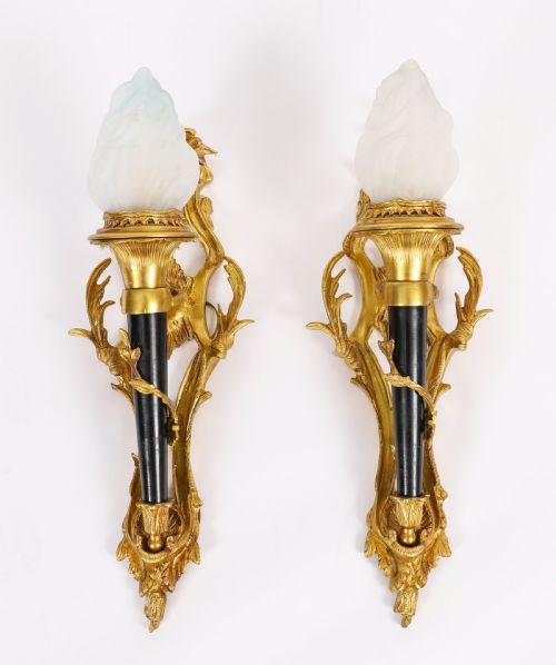 Antique Pair Rococo Revival Ormolu & Glass Flaming Torch Wall Lights C.1900
