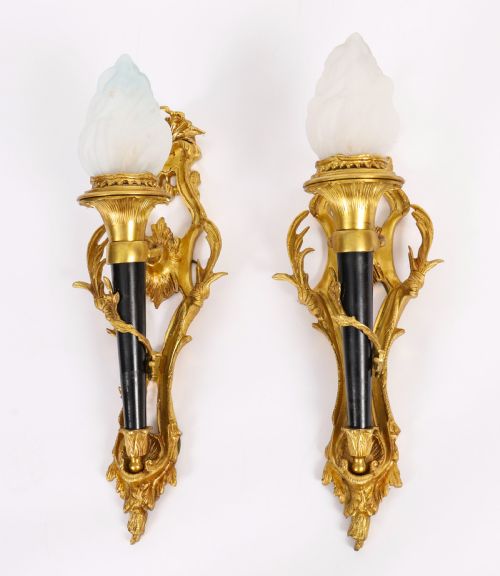 fig 1. Antique Pair Rococo Revival Ormolu & Glass Flaming Torch Wall lights c.1900