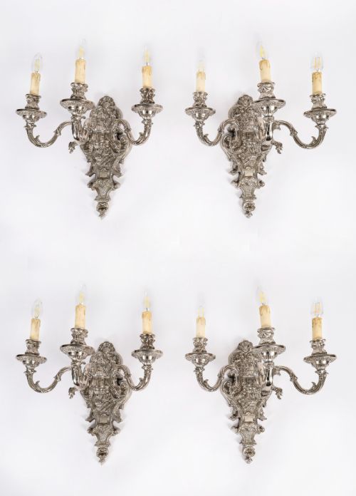 ANTIQUE SET OF 4 FRENCH SILVER PLATED WALL LIGHTS APPLIQUES CIRCA 1900