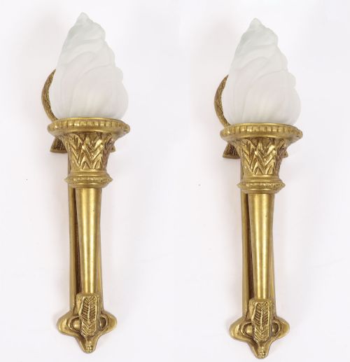ANTIQUE PAIR NEOCLASSICAL ORMOLU GLASS FLAMING TORCH WALL LIGHTS C1920
