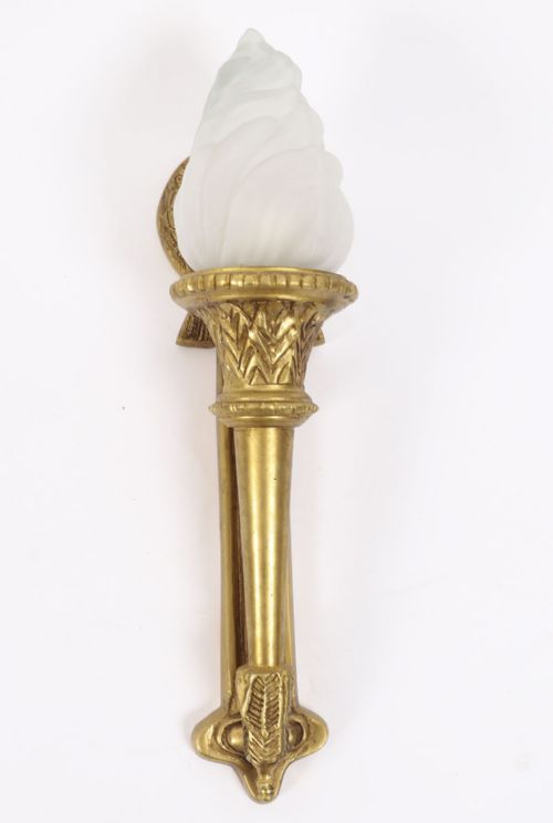 ANTIQUE PAIR NEOCLASSICAL ORMOLU GLASS FLAMING TORCH WALL LIGHTS C1920 - ADDITIONAL PHOTO 1