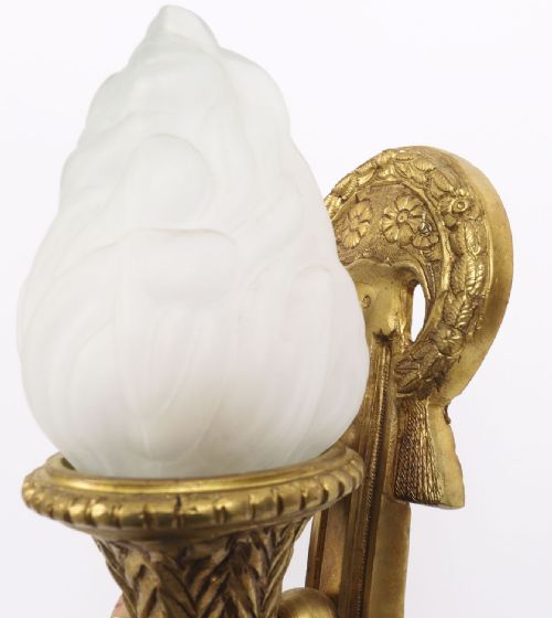 ANTIQUE PAIR NEOCLASSICAL ORMOLU GLASS FLAMING TORCH WALL LIGHTS C1920 - ADDITIONAL PHOTO 3